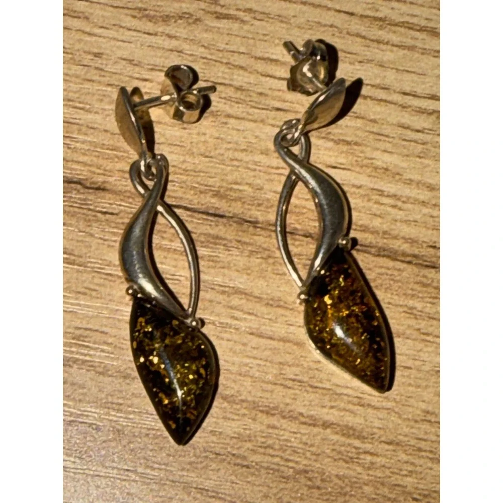 Sterling Silver Baltic Amber Dangle Earrings‎ Design 925 Pierced